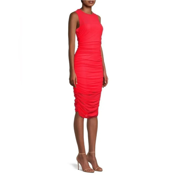 Black Halo Elvia Ruched Mesh Sheath Dress in vivid melon midi small new women’s - Picture 2 of 10